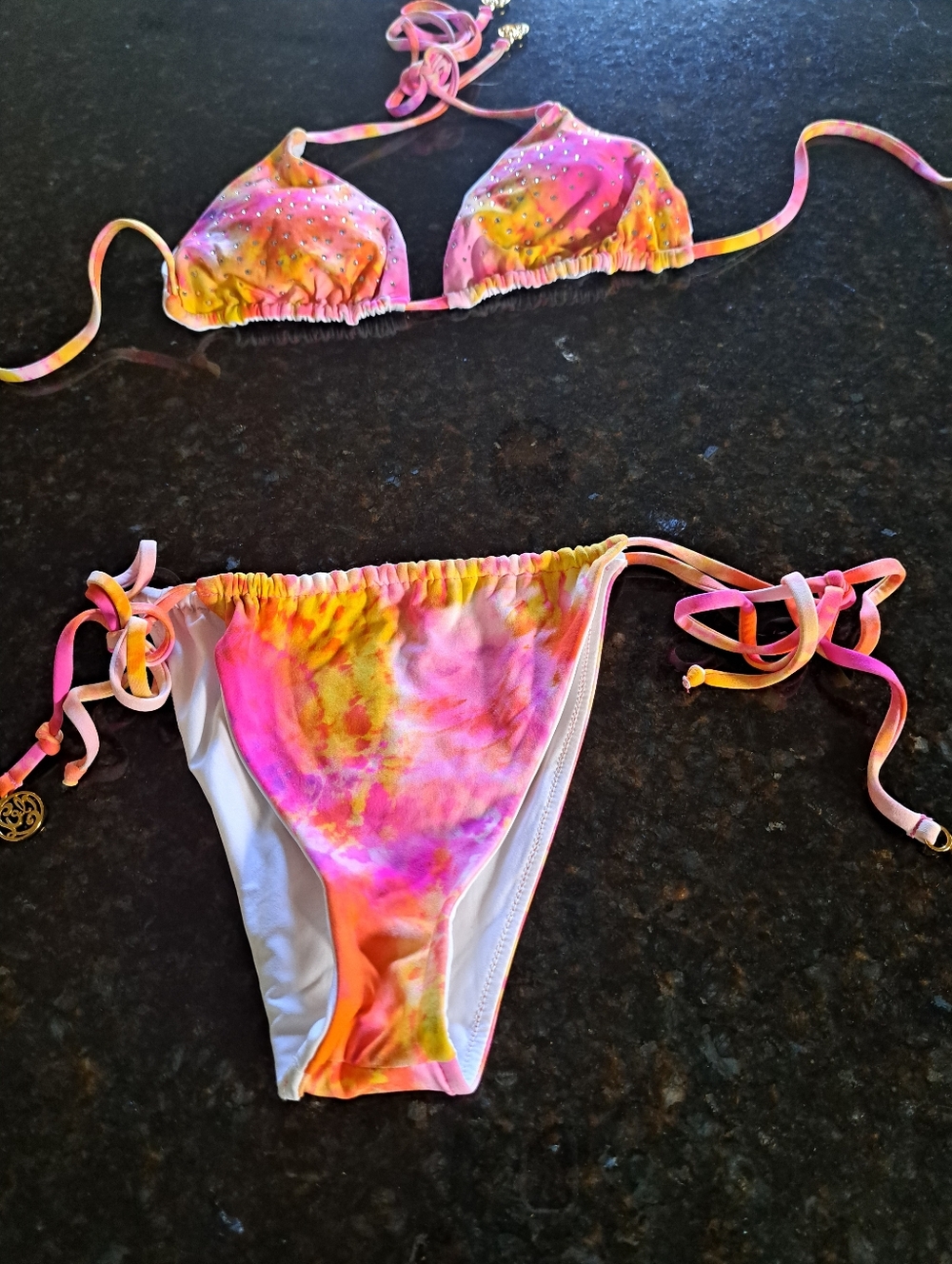 Luli Fama 2 Peaces Tie-Dye Pink Orange Yellow Rhinestone Swem Wear Size: S - Picture 5 of 7